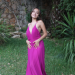 vestido largo color buganvilia